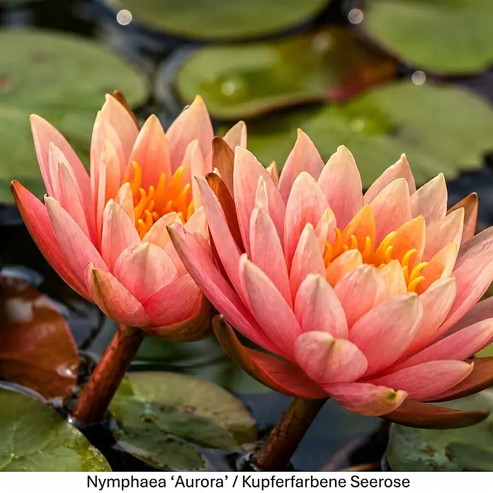 Piardino Wasserpflanzen-Set Seerosenglück - 5 -tlg., Nymphaea 'Hever White' (Hermine), Nymphaea Burgundy Princess, Nymphaea 'Rosennymphe', Nymphaea Sulphurea, Nymphaea 'Aurora' - Zwei rosafarbene Seerosen mit gelben Zentren schwimmen auf einem Teich zwischen grünen Seerosenblättern.