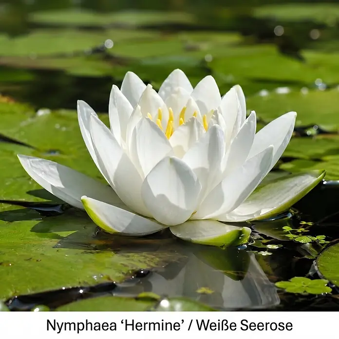 Piardino Wasserpflanzen-Set Seerosenglück - 5 -tlg., Nymphaea 'Hever White' (Hermine), Nymphaea Burgundy Princess, Nymphaea 'Rosennymphe', Nymphaea Sulphurea, Nymphaea 'Aurora' - Eine schöne weiße Seerose mit gelben Staubblättern schwimmt auf einem Teich, umgeben von grünen Seerosenblättern.