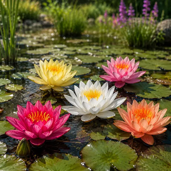 Piardino Wasserpflanzen-Set Seerosenglück - 5 -tlg., Nymphaea 'Hever White' (Hermine), Nymphaea Burgundy Princess, Nymphaea 'Rosennymphe', Nymphaea Sulphurea, Nymphaea 'Aurora' - Fünf leuchtende Seerosen in Gelb, Rosa, Weiß, Fuchsia und Orange, die auf einem Teich zwischen grünen Seerosenblättern schwimmen.