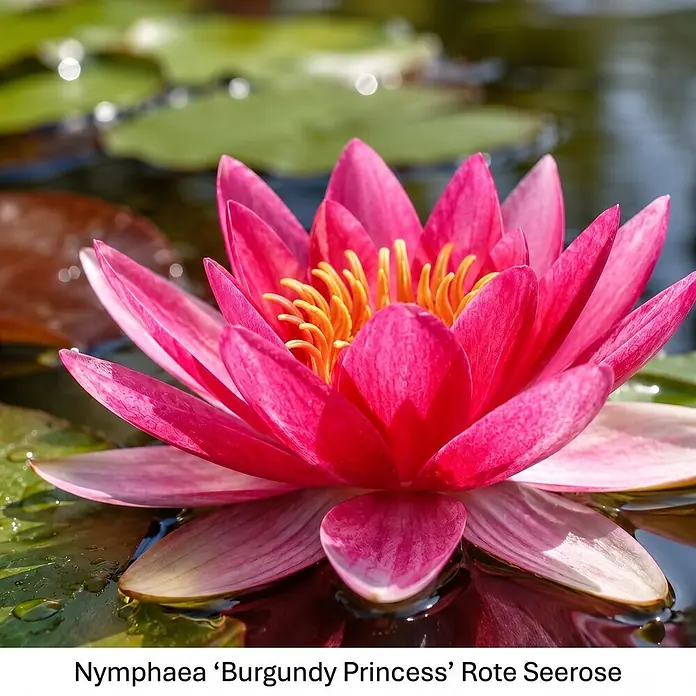 Piardino Wasserpflanzen-Set Seerosenglück - 5 -tlg., Nymphaea 'Hever White' (Hermine), Nymphaea Burgundy Princess, Nymphaea 'Rosennymphe', Nymphaea Sulphurea, Nymphaea 'Aurora' - Lebendige tiefrosafarbene Seerose 'Burgundy Princess' mit gelber Mitte, schwimmend auf Wasser zwischen grünen Seerosenblättern.