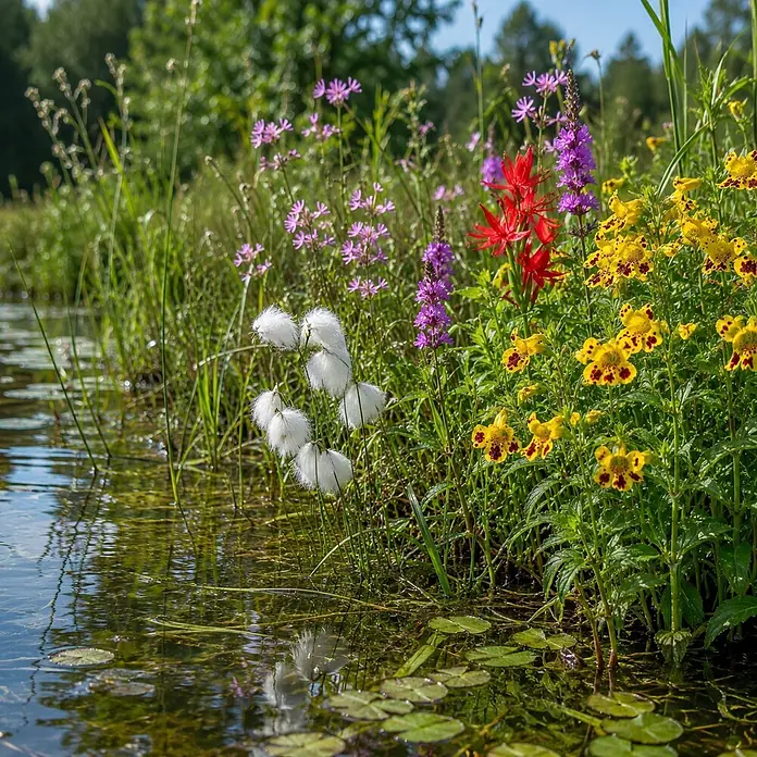 Piardino Wasserpflanzen-Set Uferzauber - Eriophorum angustifolium, Lychnis flos-cuculi Nana, Lythrum salicaria, Mimulus luteus Grandiflora, Schizostylis coccinea Major, 5 Stk. - Lebendige Wildblumen in Weiß, Rosa, Lila, Rot und Gelb blühen am Wasserrand und spiegeln sich in der klaren Oberfläche.