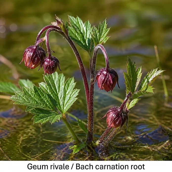 Piardino Wasserpflanzen-Set Sumpfschönheiten - 5 Stk., Caltha palustris, Geum rivale, Iris pseudacorus, Mentha aquatica, Myosotis palustris - Dunkelrote, glockenförmige Blüten und grüne Blätter einer Bachnelkenwurz-Pflanze im seichten Wasser.