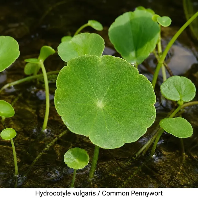 Piardino Wasserpflanzen-Set Sauerstoff-Kollektion - 5 -tlg., Hydrocotyle vulgaris, Lilaeopsis brasiliensis, Myriophyllum sp. Guyana, Rotala indica - Hellgrüne, runde Blätter von Wassernabel-Pflanzen schwimmen auf flachem Wasser und zeigen deutliche Blattadern.