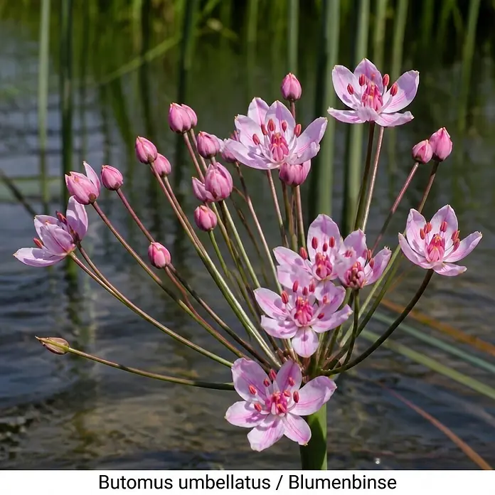 Piardino Wasserpflanzen-Set Flachwassermatrosen - 5 -tlg., Alisma plantago-aquatica, Butomus umbellatus, Geum rivale, Iris versicolor, Typha minima - Rosa Blumenbinse mit offenen Blüten und Knospen, im Wasser wachsend.