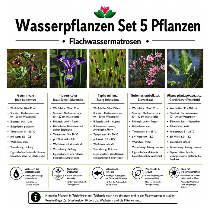 Piardino Wasserpflanzen-Set Flachwassermatrosen - 5 -tlg., Alisma plantago-aquatica, Butomus umbellatus, Geum rivale, Iris versicolor, Typha minima - Fünf verschiedene Wasserpflanzen in einem Set, darunter Bach-Nelkenwurz, Sumpf-Schwertlilie und Rohrkolben, mit Beschreibungen ihrer Eigenschaften und Vorteile für Teiche.