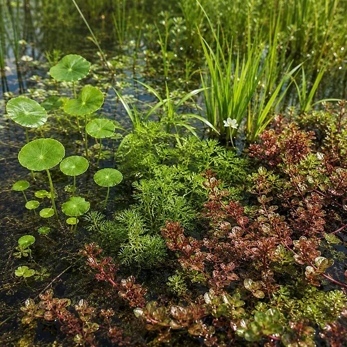 Piardino Wasserpflanzen-Set Sauerstoff-Kollektion - 5 -tlg., Hydrocotyle vulgaris, Lilaeopsis brasiliensis, Myriophyllum sp. Guyana, Rotala indica - Üppiges aquatisches Ökosystem mit grünen und roten Wasserpflanzen: seerosenähnliche Blätter, federartige Pflanzen, Gras und einer kleinen weißen Blüte.