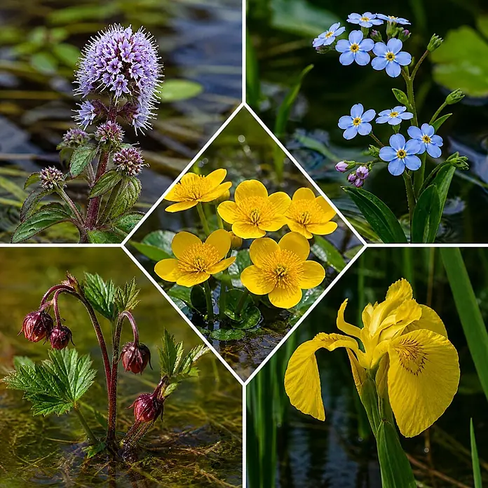 Piardino Wasserpflanzen-Set Sumpfschönheiten - 5 Stk., Caltha palustris, Geum rivale, Iris pseudacorus, Mentha aquatica, Myosotis palustris - Eine Collage aus fünf lebhaften Sumpfblumen: lila Minze, blaue Vergissmeinnicht, gelbe Sumpfdotterblumen, purpurrote Bachnelkenwurz und eine gelbe Schwertlilie.
