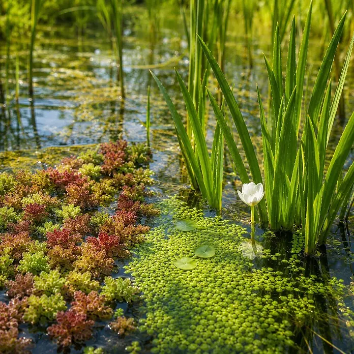 Piardino Wasserpflanzen-Set Schwimmprofis - 5 -tlg., Azolla mexicana, Lemna minor, Stratiotes aloides - Teichszene mit roten, grünen Schwimmpflanzen, hohen Schilfhalmen und einer kleinen weißen Blüte.