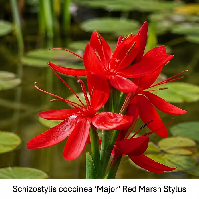 Piardino Wasserpflanzen-Set Uferzauber - Eriophorum angustifolium, Lychnis flos-cuculi Nana, Lythrum salicaria, Mimulus luteus Grandiflora, Schizostylis coccinea Major, 5 Stk. - Lebhaft rote Schizostylis coccinea 'Major' (Roter Sumpf-Stylus) Blumen blühen vor grünen Seerosenblättern im Hintergrund.