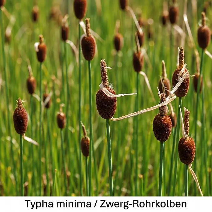 Piardino Wasserpflanzen-Set Flachwassermatrosen - 5 -tlg., Alisma plantago-aquatica, Butomus umbellatus, Geum rivale, Iris versicolor, Typha minima - Typha minima: flauschige, braune, ovale Samenstände auf grünen Stängeln, teils mit trockenen Blättern.