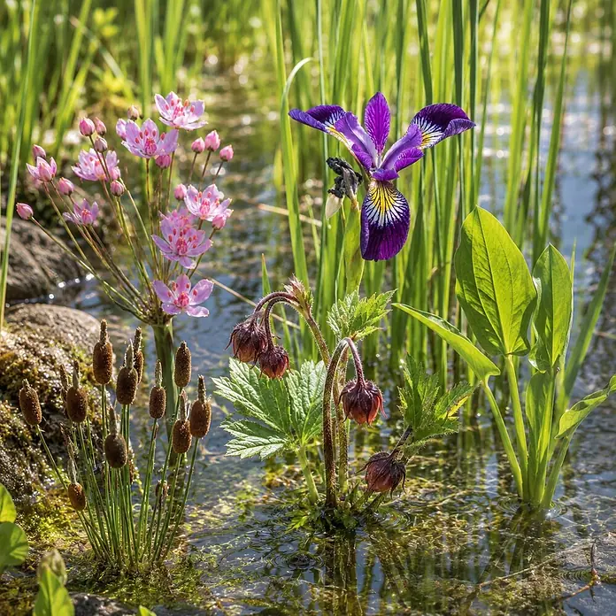 Piardino Wasserpflanzen-Set Flachwassermatrosen - 5 -tlg., Alisma plantago-aquatica, Butomus umbellatus, Geum rivale, Iris versicolor, Typha minima - Eine lebendige Auswahl verschiedener Wasserpflanzen, darunter rosa Blüten, lila Iris und Schilf, die in einem sonnigen Teich gedeihen.