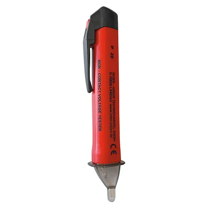Profi Depot Spannungsprüfer P 20 - Polanzahl: 1 Stk., Messbereich Wechselspannung: 50 V - 1.000 V - Abbildung eines roten, berührungslosen Spannungsprüfers mit schwarzer Spitze und Clip.
