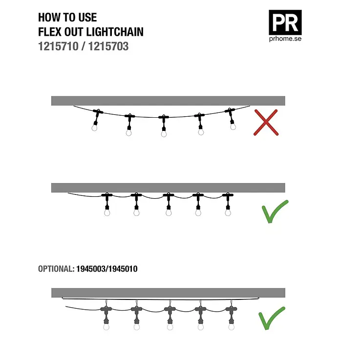 PR Home LED-Lichterkette Sarah -  - Diagramme zeigen korrekte (gespannt) und inkorrekte (hängende) Montage einer Lichterkette, inklusive optionalem Tragseil.