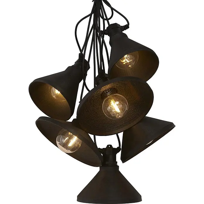PR Home LED-Lichterkette Daphne -  - Schwarze Pendelleuchte mit mehreren konischen und schalenförmigen Metallschirmen und sichtbaren Glühbirnen.