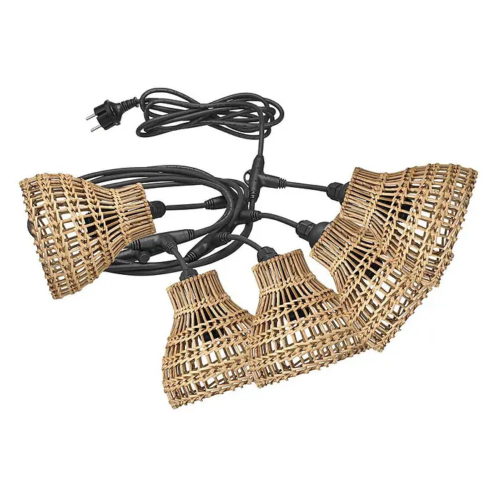 PR Home LED-Lichterkette Sarah -  - Lichterkette mit fünf gewebten Rattan-Lampenschirmen in Naturfarbe an einem schwarzen Kabel mit Stecker, zur dekorativen Beleuchtung.
