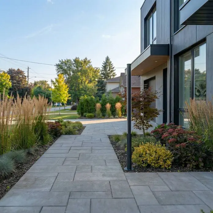 Lucande Außenlaterne Lynel -  - Ein moderner grauer Pflasterweg führt zu einem modernen Haus, gesäumt von Ziergräsern und vielfältiger Landschaftsgestaltung.