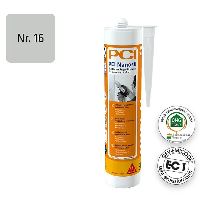 PCI Silikon Nanosil - Silbergrau, 300 ml - Weißer PCI Nanosil elastischer Dichtstoffschlauch mit orangefarbenem Etikett und separater weißer Düse, für innen und außen.