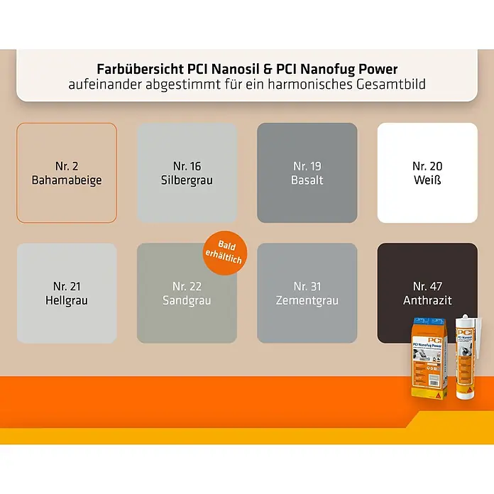 PCI Silikon Nanosil - Bahamabeige, 300 ml - Farbübersicht für PCI Nanosil (Dichtstoff) und PCI Nanofug Power (Fugenmörtel) in 8 Farbtönen, inklusive Produktbeispielen.