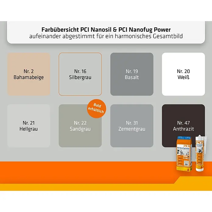 PCI Silikon Nanosil - Silbergrau, 300 ml - Farbübersicht PCI Nanosil & Nanofug Power mit 8 Farbtönen von Beige bis Anthrazit und Produktverpackungen.