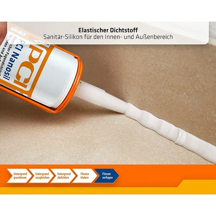 PCI Silikon Nanosil - Hellgrau, 300 ml - Weißes Silikondichtmittel wird aus einer Kartusche aufgetragen, um eine Fuge auf einer Oberfläche abzudichten.