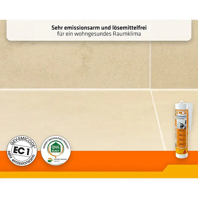 PCI Silikon Nanosil - Hellgrau, 300 ml - Weiße und orangefarbene PCI Nanosil Dichtstofftube auf Fliesen, mit Hinweis auf Emissionsarmut und Lösemittelfreiheit für Raumklima.