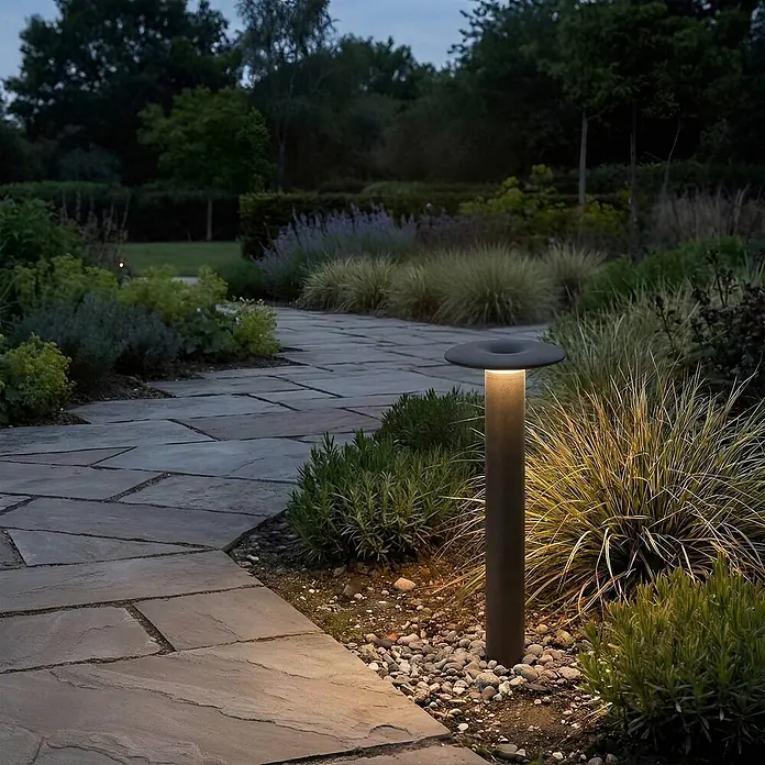 Lucande Außenlaterne Haloa -  - Dunkelgraue Wegeleuchte beleuchtet im Dämmerlicht einen Gartenweg und umgebende Pflanzen mit warmem Licht.