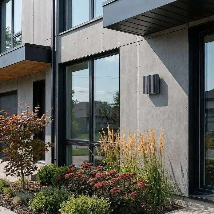 Lucande Außenwandleuchte Raija - 7,5 x 18 x 19 cm, alu / grau / zink, IP54 - Dunkelgraue Lamellen-Außenwandleuchte an moderner Betonfassade, am Eingangsbereich.