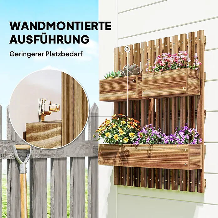 Outsunny Hochbeet - 60 x 16 x 80 cm, Holz, Braun - Ein wandmontierter, dreistufiger Pflanzkasten aus Holz mit bunten Blumen und Sukkulenten. Eine Detailansicht zeigt die Befestigung.