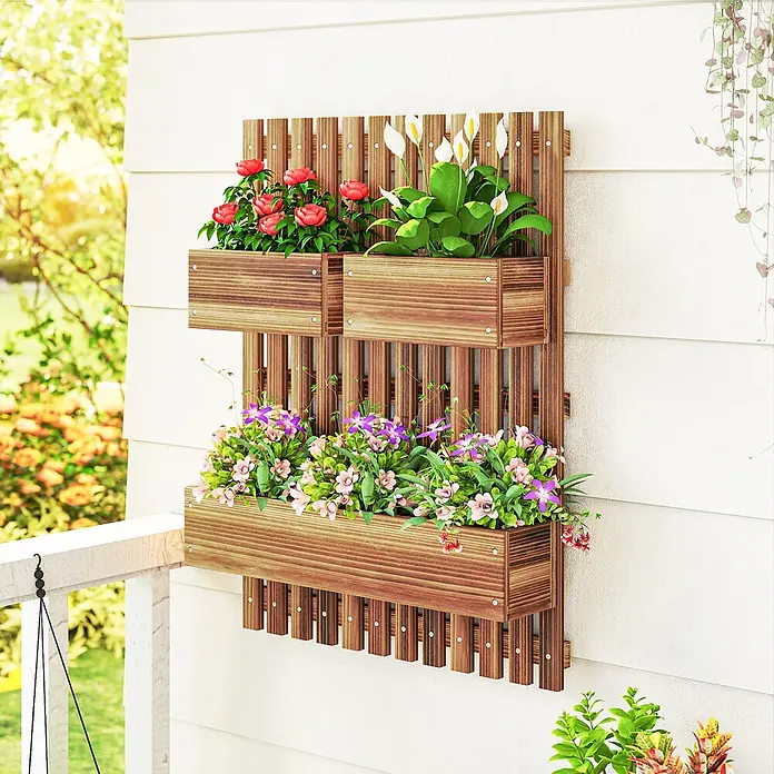 Outsunny Hochbeet - 60 x 16 x 80 cm, Holz, Braun - Brauner vertikaler Wandpflanzer aus Holz mit zwei Etagen voller Blumen.