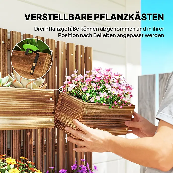 Outsunny Hochbeet - 60 x 16 x 80 cm, Holz, Braun - Eine Hand stellt einen braunen Holz-Pflanzkasten an einem vertikalen Garten ein, was das verstellbare Design demonstriert.