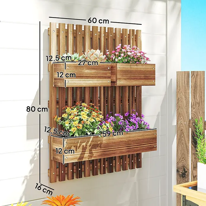 Outsunny Hochbeet - 60 x 16 x 80 cm, Holz, Braun - Hölzerner Vertikal-Garten zur Wandmontage mit zwei Pflanzkästen. Gesamtmaße: 80x60 cm.