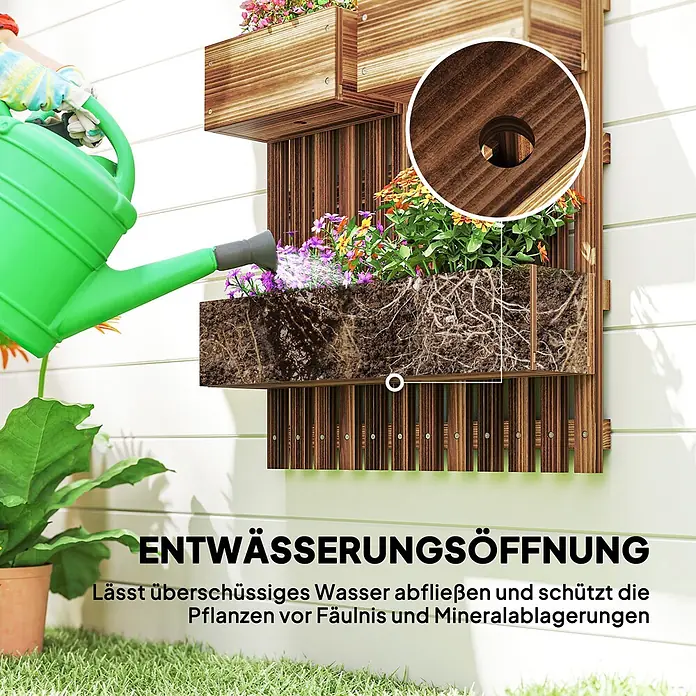 Outsunny Hochbeet - 60 x 16 x 80 cm, Holz, Braun - Hölzernes vertikales Gartenbeet an einer Wand, das bewässerte Pflanzen, sichtbare Wurzeln und ein vergrößertes Abflussloch zeigt.