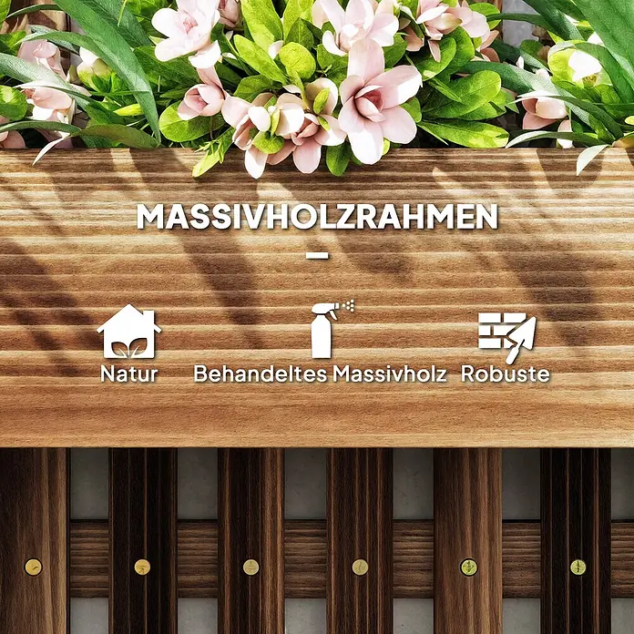 Outsunny Hochbeet - 60 x 16 x 80 cm, Holz, Braun - Massivholzrahmen in Naturbraun mit Symbolen für natürliche, behandelte und robuste Eigenschaften. Oben mit grünen Pflanzen und rosa Blüten dekoriert.
