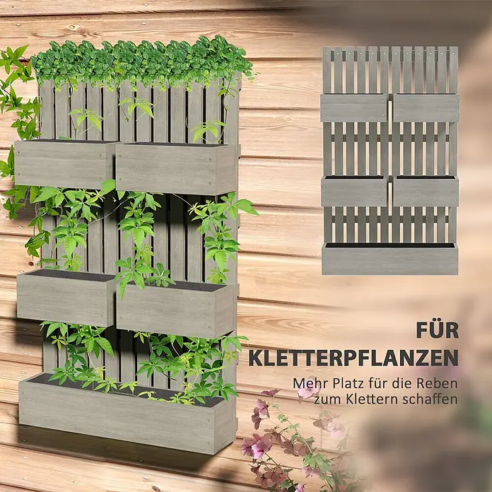 Outsunny Hochbeet - 60 x 16 x 100 cm, Holz, Grau - Graues modulares Vertikalbeet mit Töpfen und Rankgitter für Kletterpflanzen.