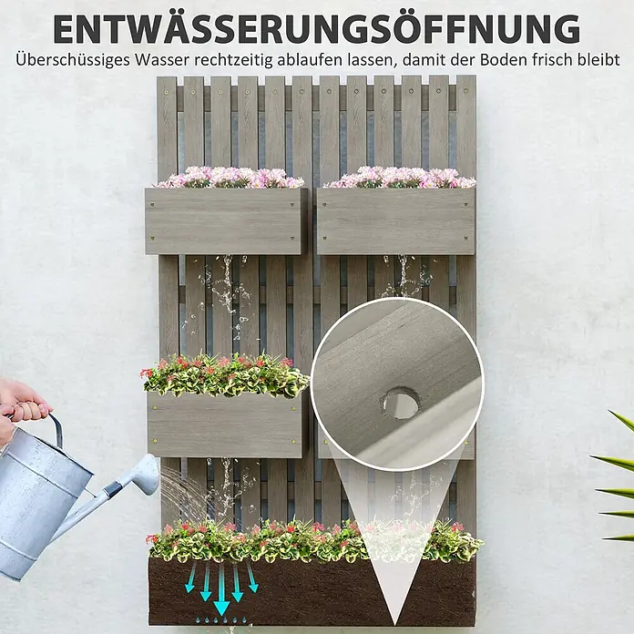 Outsunny Hochbeet - 60 x 16 x 100 cm, Holz, Grau - Grauer Wandgarten in Holzoptik mit Abflusslöchern, zeigt Wasserfluss durch gestufte Kästen.