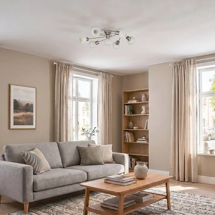 Lindby Deckenleuchte Ciala - alu / grau / zink, E14 - Eine moderne Deckenleuchte mit mehreren mattierten Glasschirmen und gebürsteter Metallbasis erhellt ein gemütliches Wohnzimmer.