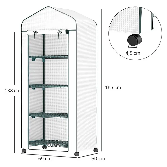 Outsunny Gewächshaus - 69 x 50 cm, Material Seitenwand: Kunststoff, 0,3 mm, Grün - Tragbares Gewächshaus mit transparenter Gitterabdeckung, dunkelgrünem Rahmen, vier Regalböden und Rollen. Maße 165x69x50 cm.