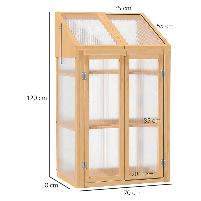 Outsunny Gewächshaus - 70 x 50 cm, Material Seitenwand: Kunststoff, 4 mm, Braun - Holzkaltbeet mit transparenten Paneelen, aufklappbarem Dach und zwei Vordertüren für Pflanzen.