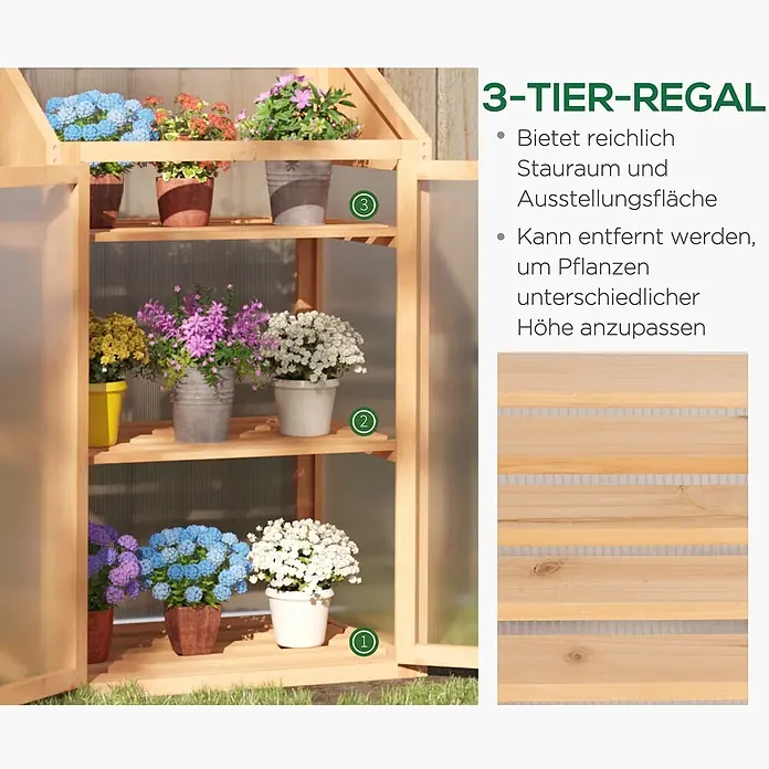 Outsunny Gewächshaus - 70 x 50 cm, Material Seitenwand: Kunststoff, 4 mm, Braun - Gewächshaus aus Holz mit 3-stufigen, verstellbaren Regalen für Topfpflanzen.