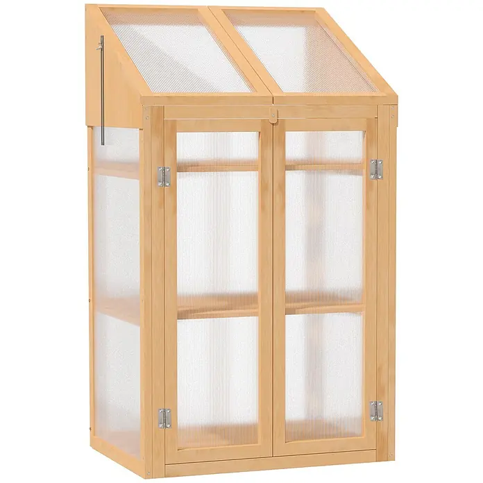Outsunny Gewächshaus - 70 x 50 cm, Material Seitenwand: Kunststoff, 4 mm, Braun - Kleines Gewächshaus aus hellem Holz mit transparenten Paneelen und Doppeltüren, mit schrägem Dach.