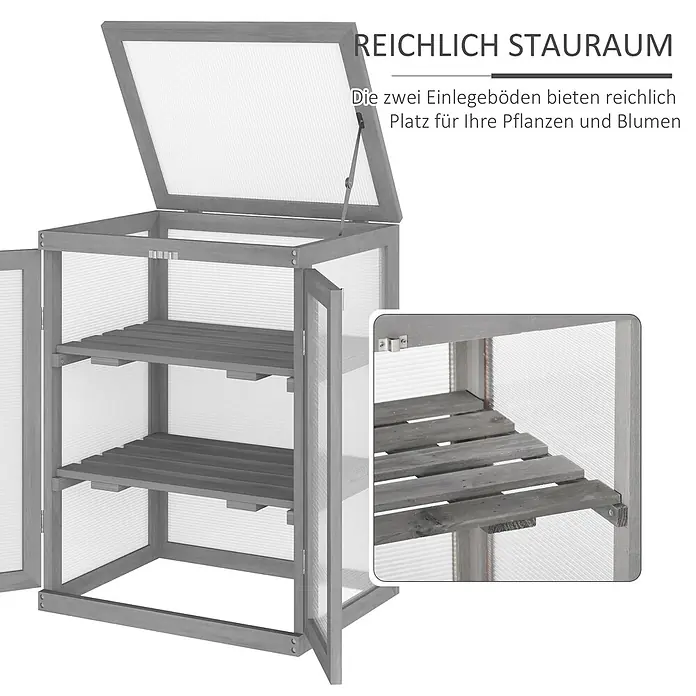 Outsunny Gewächshaus - 58 x 44 cm, Material Seitenwand: Kunststoff, 4 mm, Dunkelgrau - Graues Holz-Minigewächshaus mit transparenten Platten, geöffnetem Deckel und zwei Lamellenablagen für Pflanzen.