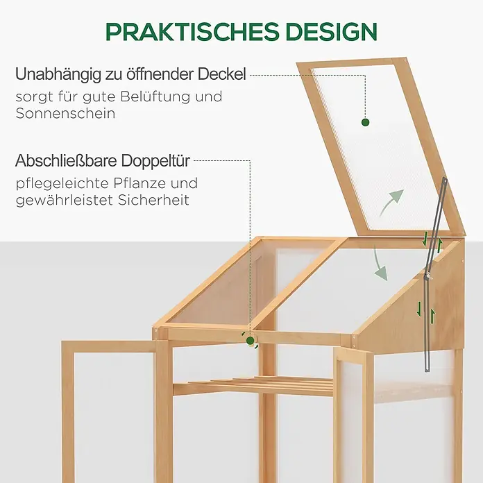 Outsunny Gewächshaus - 70 x 50 cm, Material Seitenwand: Kunststoff, 4 mm, Braun - Holz-Gewächshaus mit unabhängig zu öffnendem Deckel für Belüftung/Sonnenschein und abschließbaren Doppeltüren für Pflanzenschutz/Sicherheit.