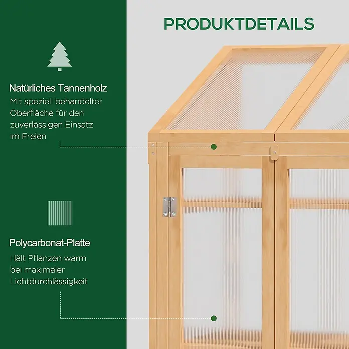Outsunny Gewächshaus - 70 x 50 cm, Material Seitenwand: Kunststoff, 4 mm, Braun - Mini-Gewächshaus aus natürlichem Tannenholz und transparenten Polycarbonatplatten für Pflanzen.