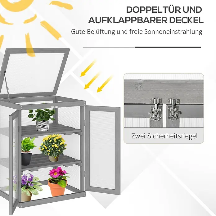 Outsunny Gewächshaus - 58 x 44 cm, Material Seitenwand: Kunststoff, 4 mm, Dunkelgrau - Graues Holz-Minigewächshaus mit transparenten Paneelen, Doppeltür und aufklappbarem Deckel, gefüllt mit Topfblumen. Detailansicht der Sicherheitsriegel.