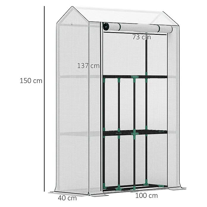 Outsunny Gewächshaus - 100 x 40 cm, Material Seitenwand: Kunststoff, 0,3 mm, Dunkelgrau - Transparentes Minigewächshaus mit grünem Gestell und Innenregalen, Maße sichtbar.