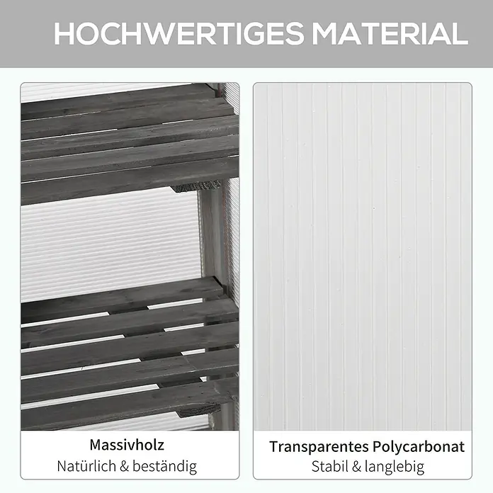 Outsunny Gewächshaus - 58 x 44 cm, Material Seitenwand: Kunststoff, 4 mm, Dunkelgrau - Detailansicht der Produktmaterialien: dunkle Holzlatten (Massivholz, natürlich & beständig) und transparente, gewellte Polycarbonatplatten (stabil & langlebig).