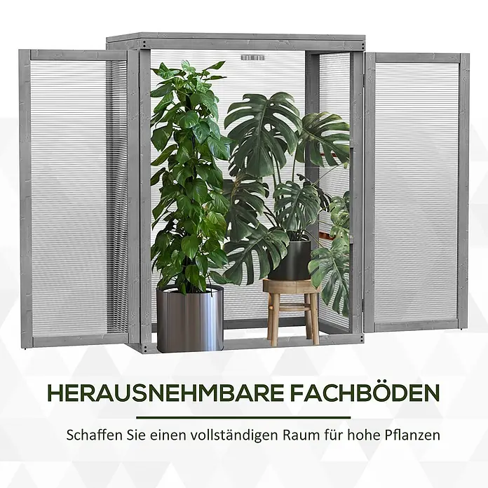 Outsunny Gewächshaus - 58 x 44 cm, Material Seitenwand: Kunststoff, 4 mm, Dunkelgrau - Grauer Pflanzenschrank aus Holz mit transparenten Wänden und geöffneten Türen, der hohe grüne Pflanzen zeigt.