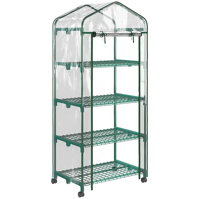 Outsunny Gewächshaus - 69 x 50 cm, Material Seitenwand: Kunststoff, 0,3 mm, Grün - Tragbares Gewächshaus mit fünf Ebenen, transparenter Kunststoffabdeckung, grünem Metallrahmen und Rollen.