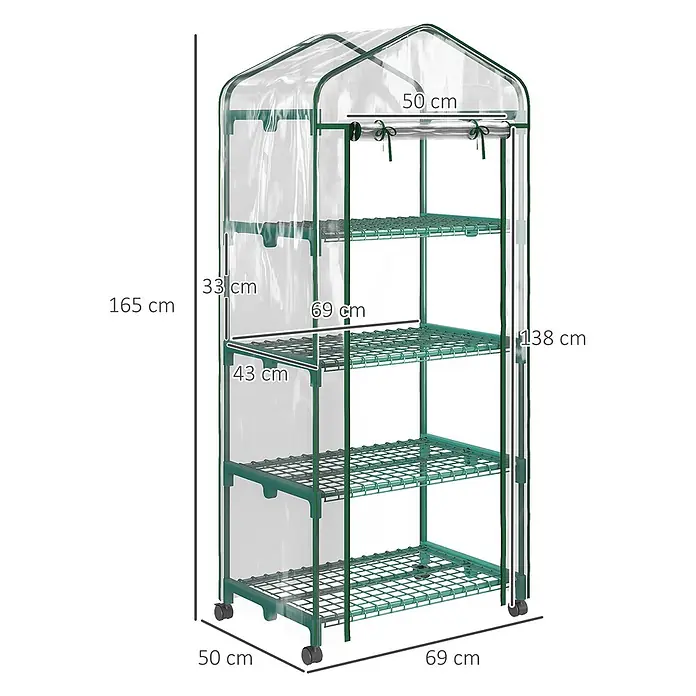 Outsunny Gewächshaus - 69 x 50 cm, Material Seitenwand: Kunststoff, 0,3 mm, Grün - Tragbares Minigewächshaus mit transparenter Abdeckung, grünem Rahmen, vier Gitterablagen und Rollen.
