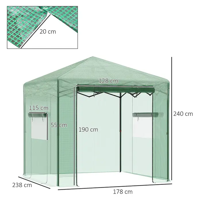 Outsunny Gewächshaus - 178 x 238 cm, Material Seitenwand: Kunststoff, 0,6 mm, Grün - Grünes sechseckiges Gewächshaus mit Netzabdeckung, Rollfenstern und Reißverschluss-Tür. Maße sind angegeben.